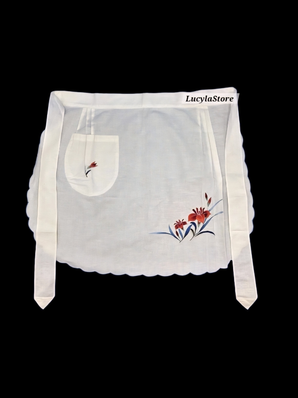 Vintage White Floral Embroidered Half Apron With Scalloped Edges & Pocket